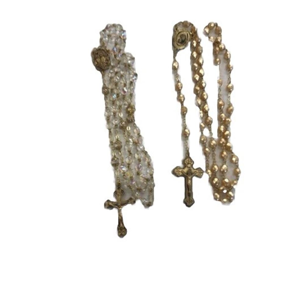 2 Vintage Crystal Beads Rosary Necklace Catholic Holy Cross Gold Tone Crucifix